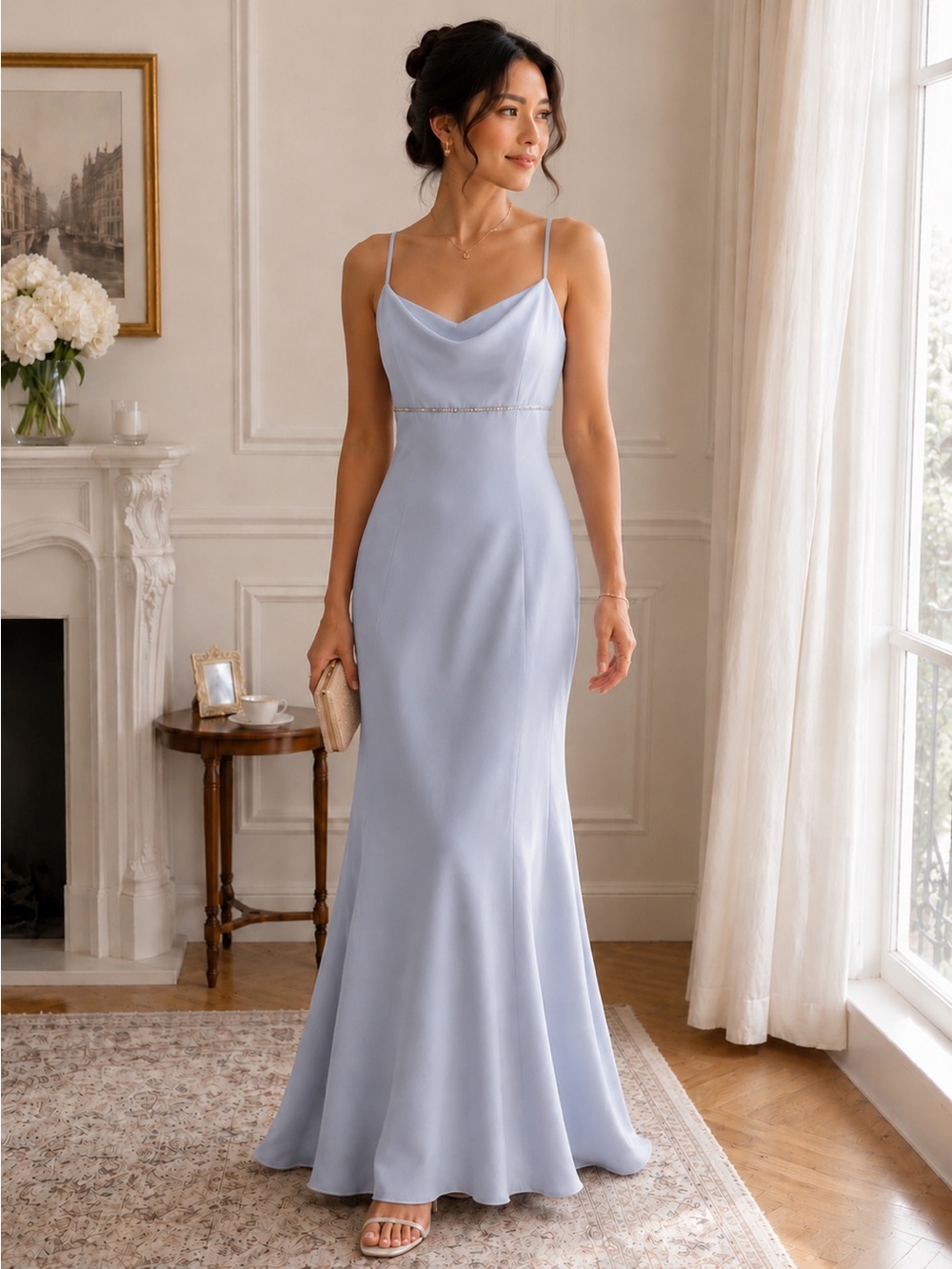Light Blue Satin Formal Gown Rhinestone Detail Criss Cross Back Prom Dress Sz 8